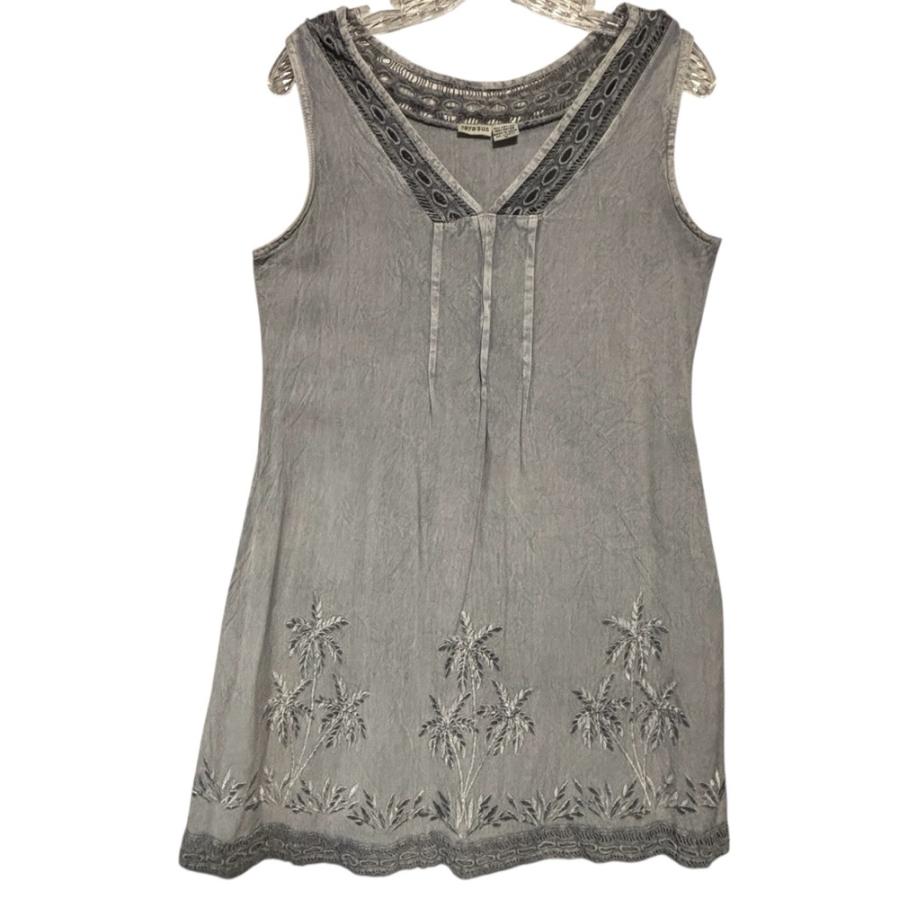 Raya sun Emb SM Mini Dress Tunic V neck Sleeveless blue-gray distressed back tie